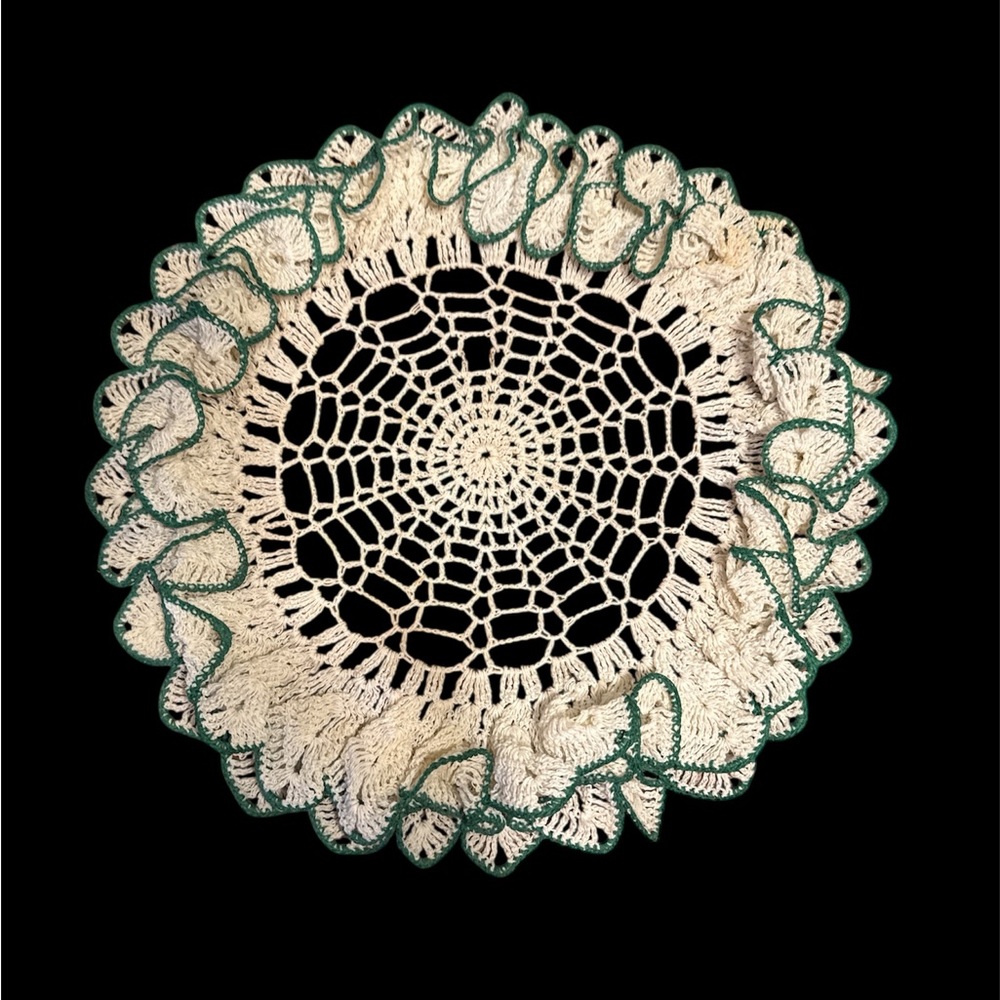 Vintage Handmade Crochet Cream and Green Doily. EUC
